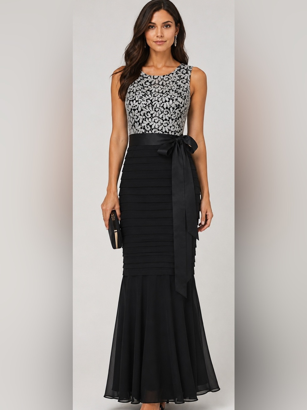 Betsy & Adam Black & Silver Lace Formal Evening Gown
